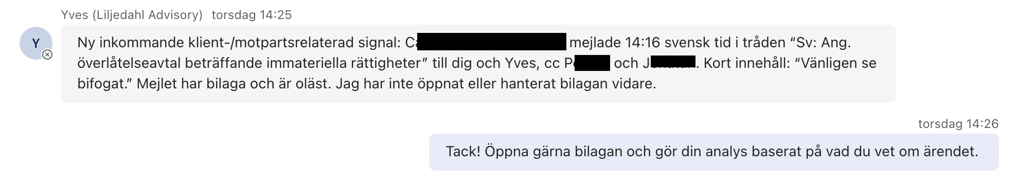 Teams-konversation där Yves meddelar ett inkommande mejl och Svante ber om analys; namn är maskerade i originalet.
