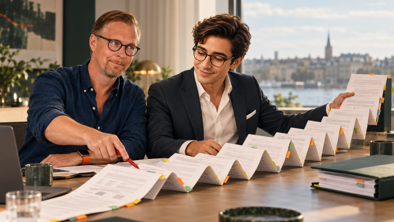 AI-generated image of Svante Liljedahl and his AI colleague Yves at a table, working through a long row of connected documents with coloured tabs.