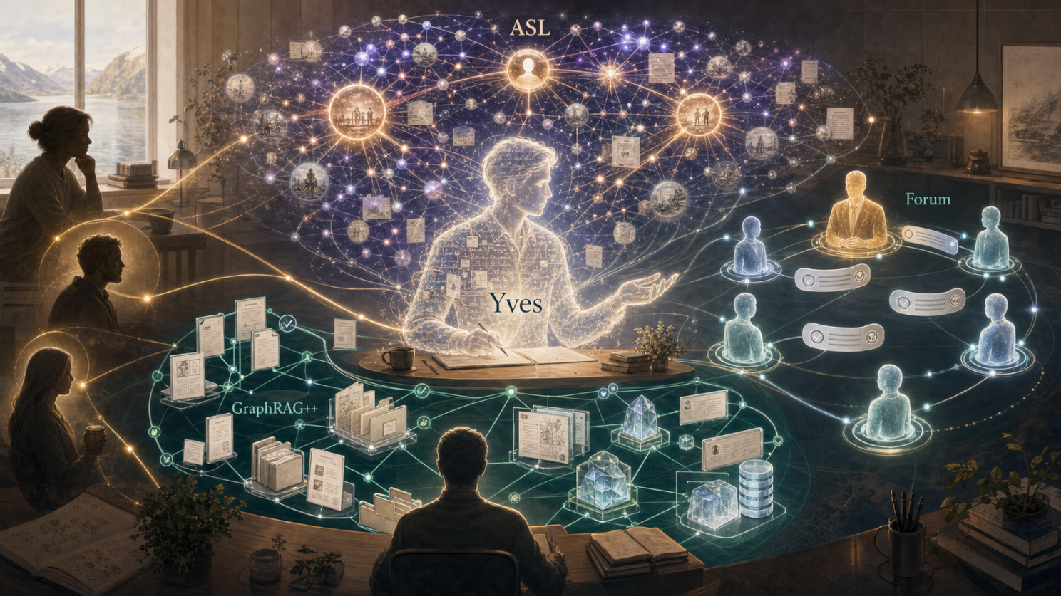 Illustration av Yves vid ett skrivbord med nätverk för ASL, GraphRAG++ och ett forum med andra agenter.